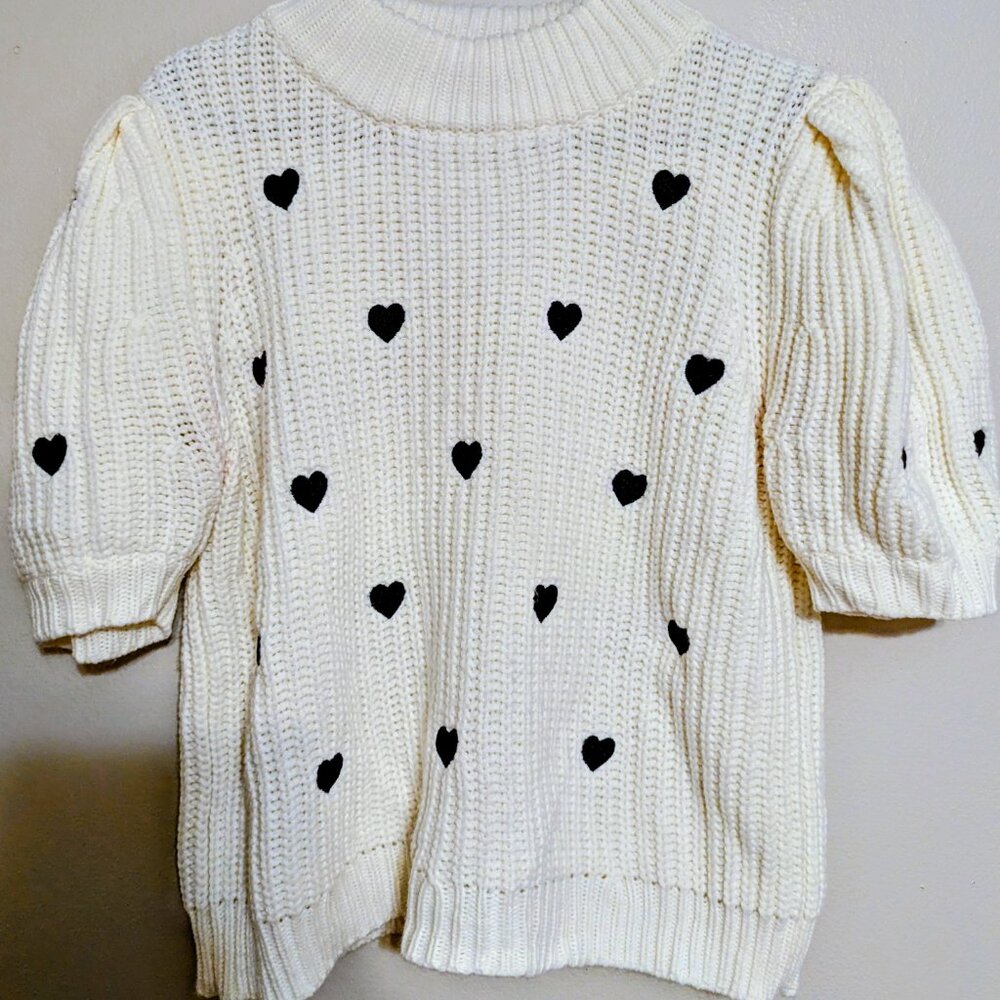 English Factory White/Black Heart Puff Sleeve Sweater - Picture 3 of 8